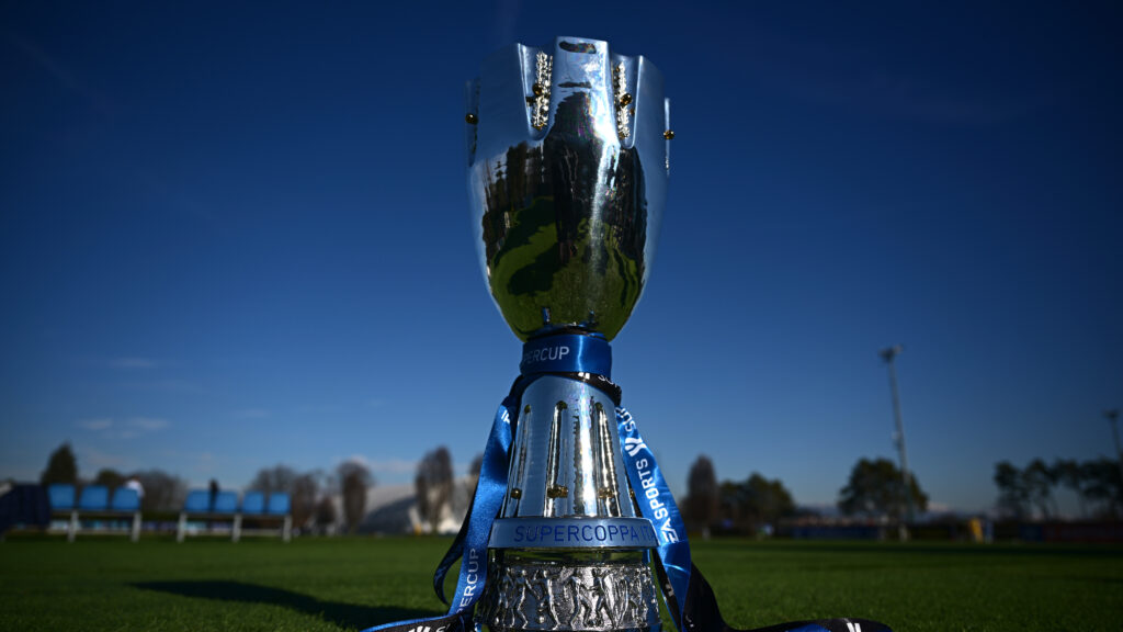 The Italian Super Cup Trophy Is Dispalyed At FC Internazionale Traning Ground
